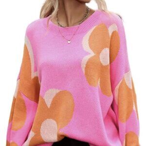 143 Story Pink & Orange Floral Cable Knitted Sweater, S